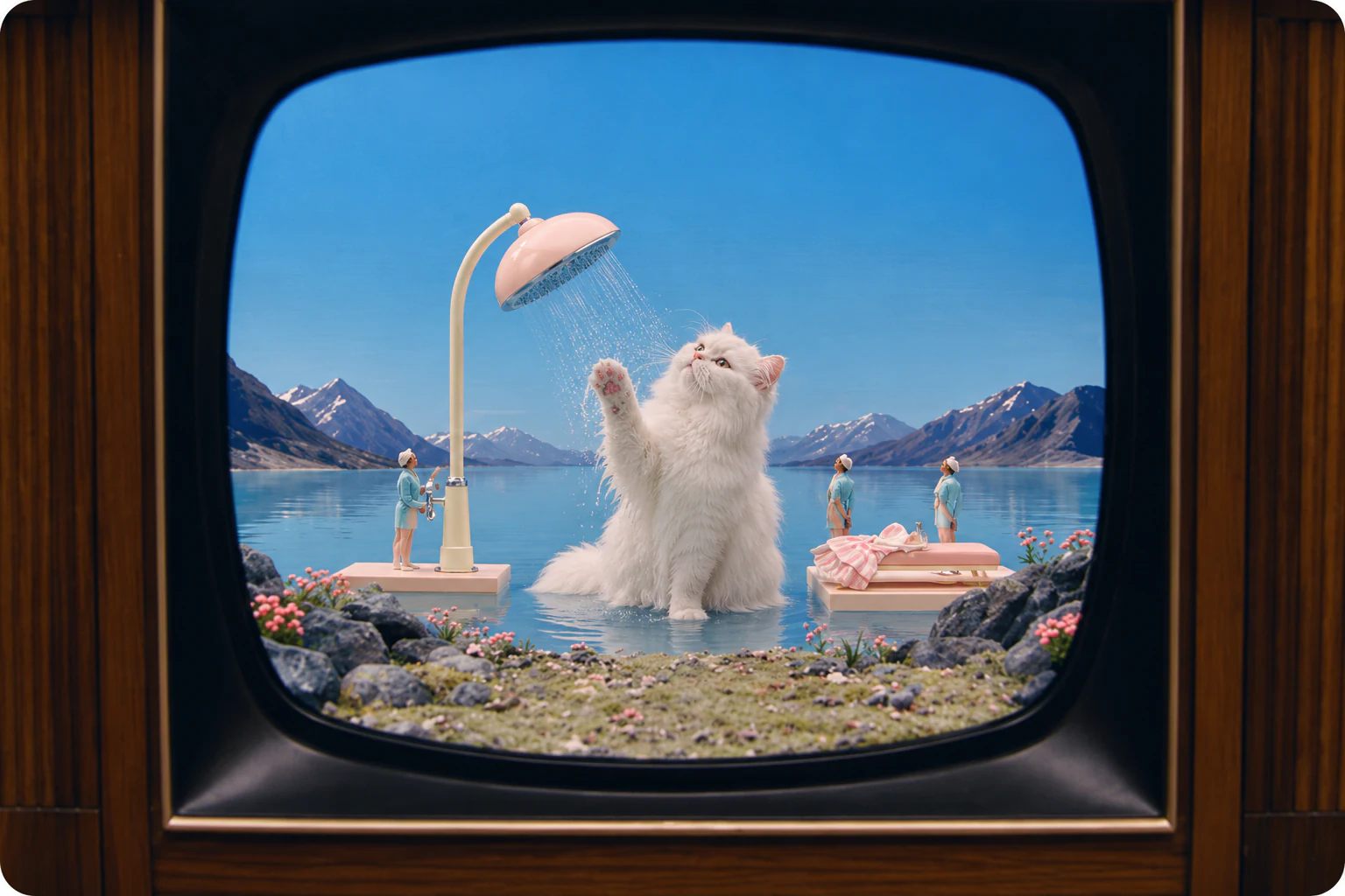 A playful white cat bathing in an alpine lake, framed by a vintage television