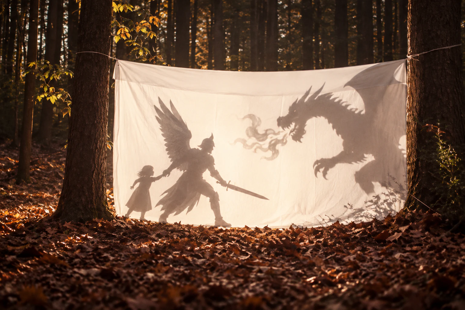 A sunlit cloth in an autumn forest reveals the shadows of a child, a winged knight, and a dragon
