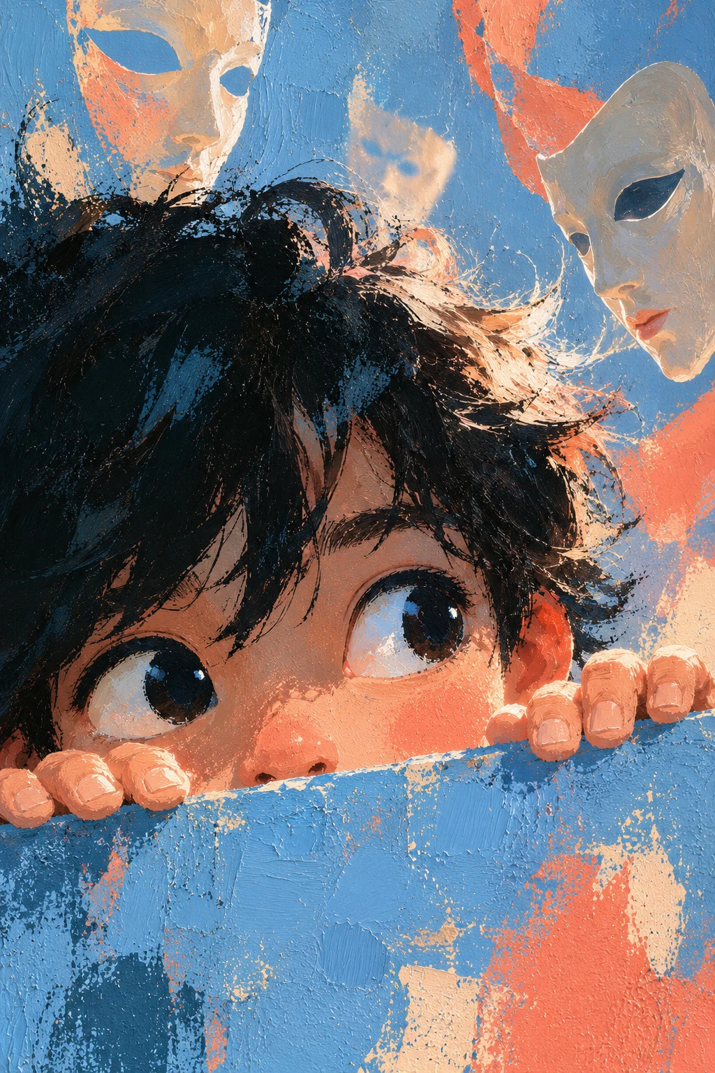 Illustrated character peeking over a blue ledge