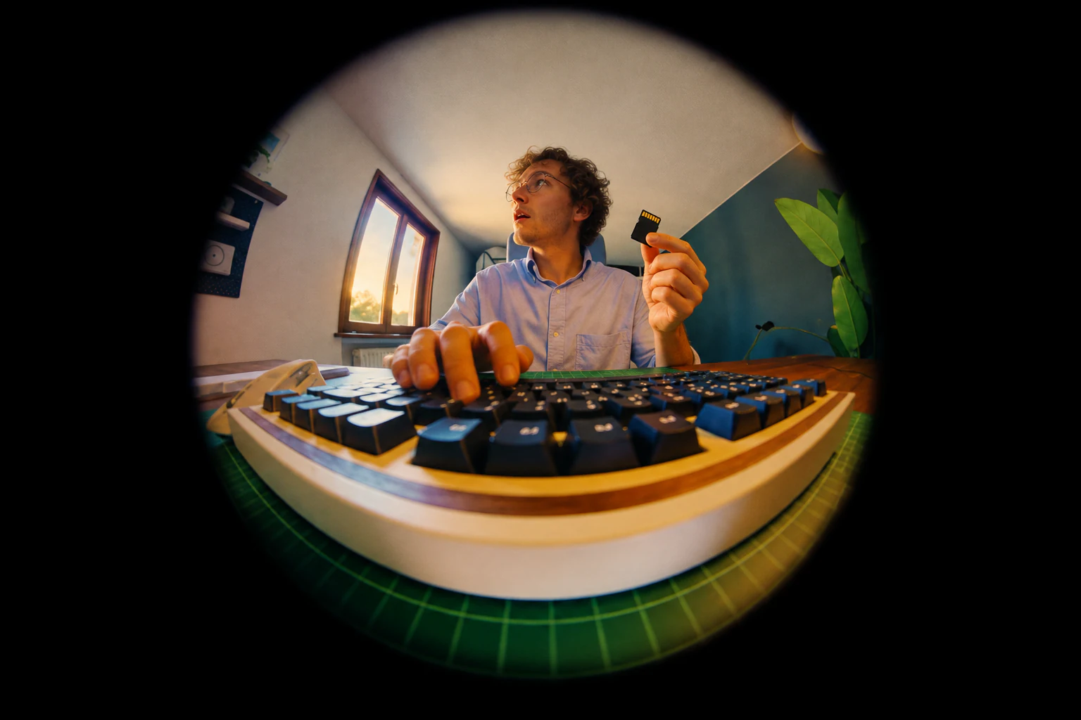 A creator at a keyboard holds a memory card in a playful fisheye view