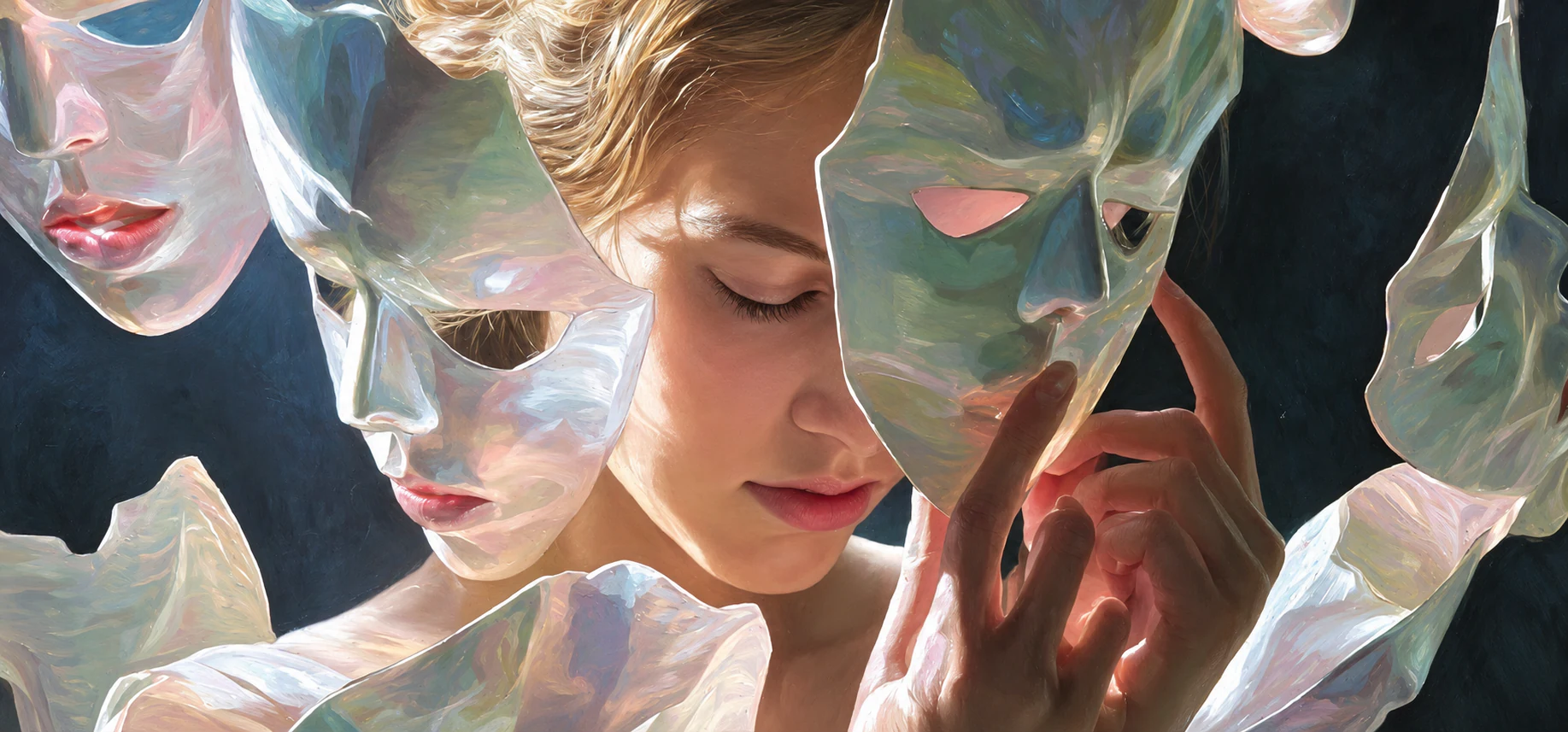 A woman with closed eyes surrounded by iridescent artistic masks