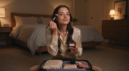 A woman demonstrating makeup in a warmly lit room