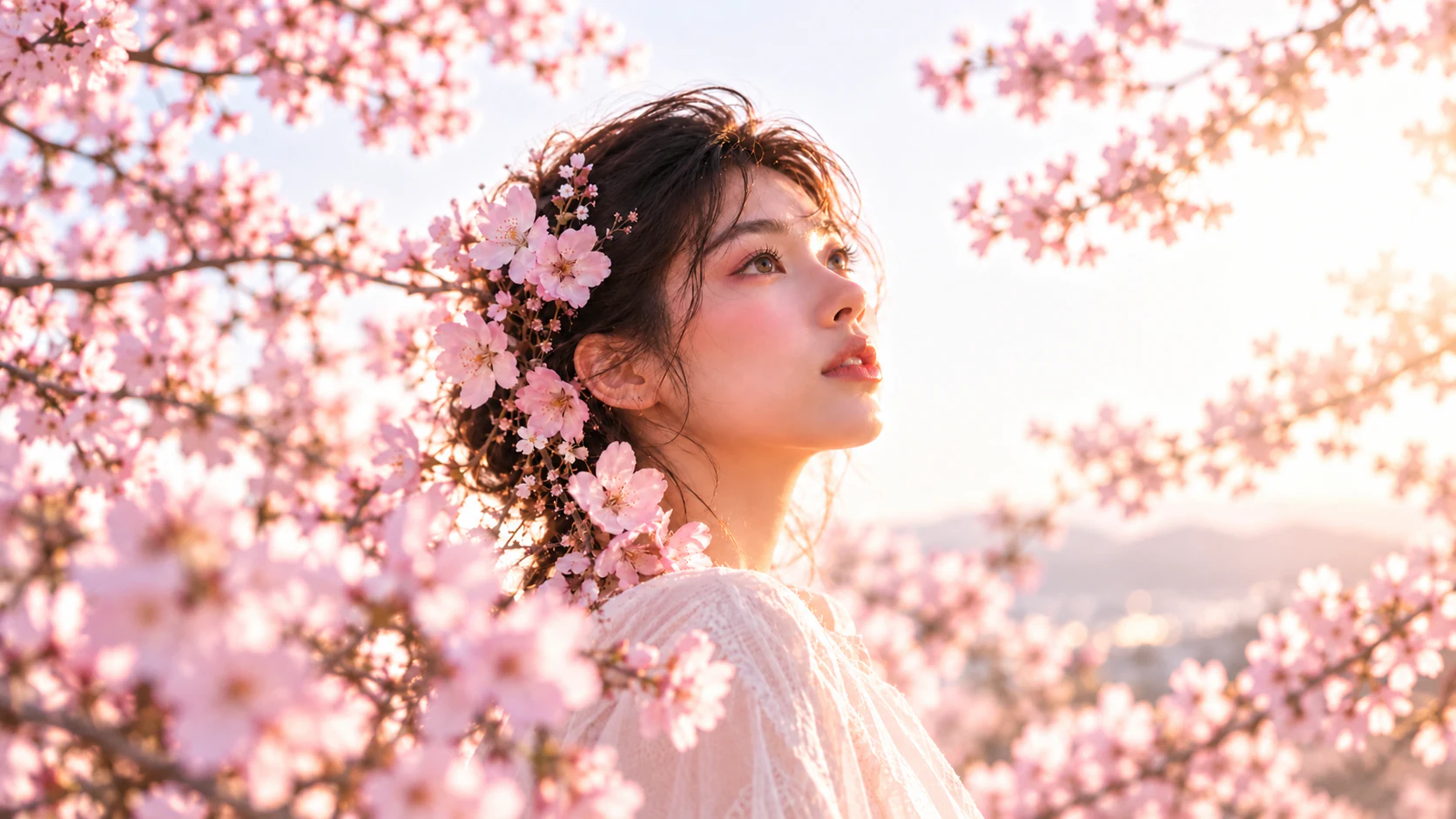 A woman surrounded by pink cherry blossoms in warm sunlight