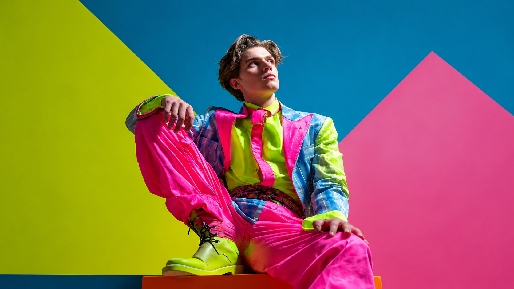 Man wearing a bright multicolored suit