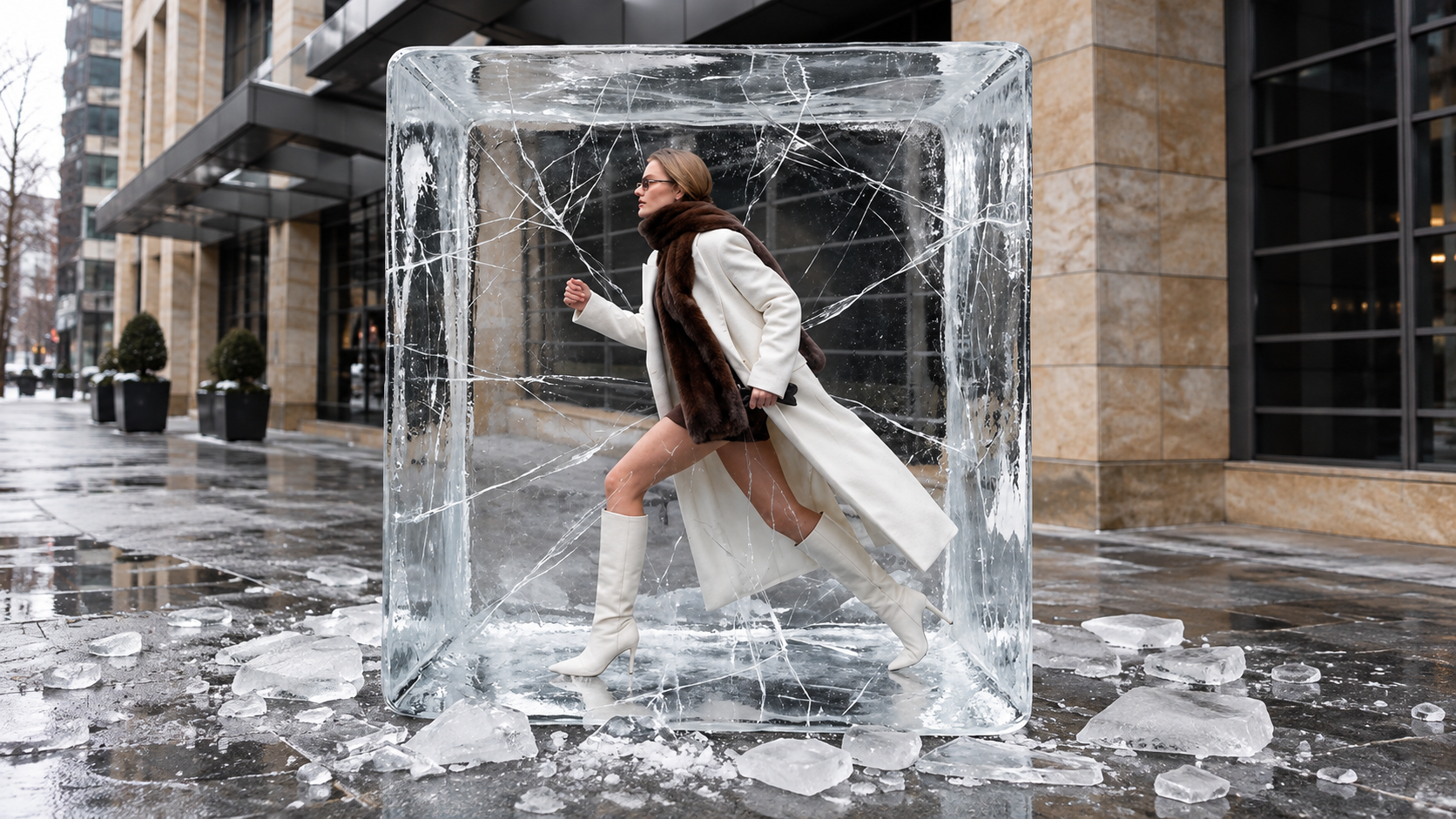 Woman in a white coat inside a block of ice