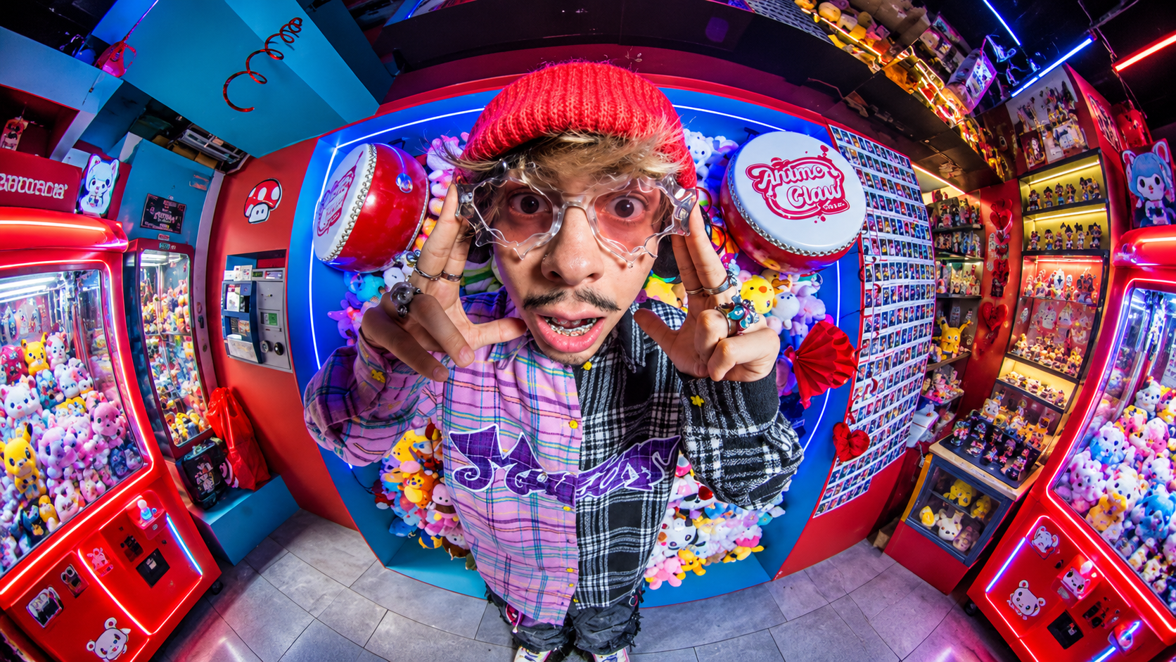 Man wearing headphones in a colorful arcade