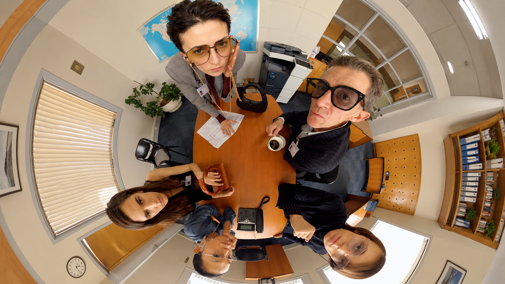 Fisheye view of colleagues around an office table