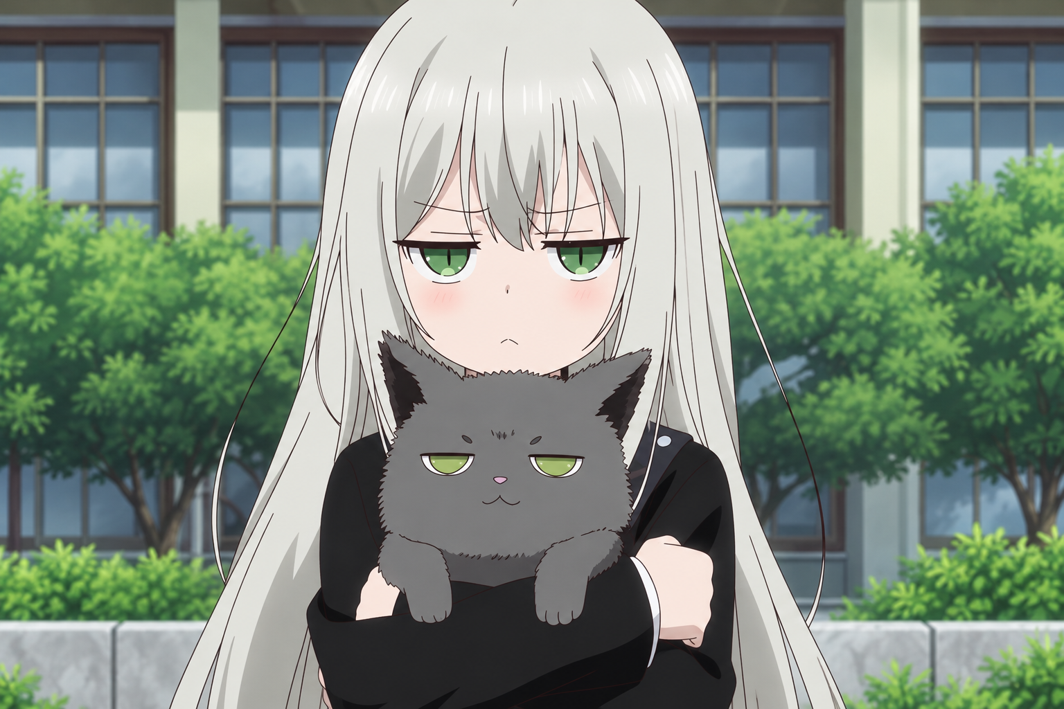 White-haired anime character holding a gray cat