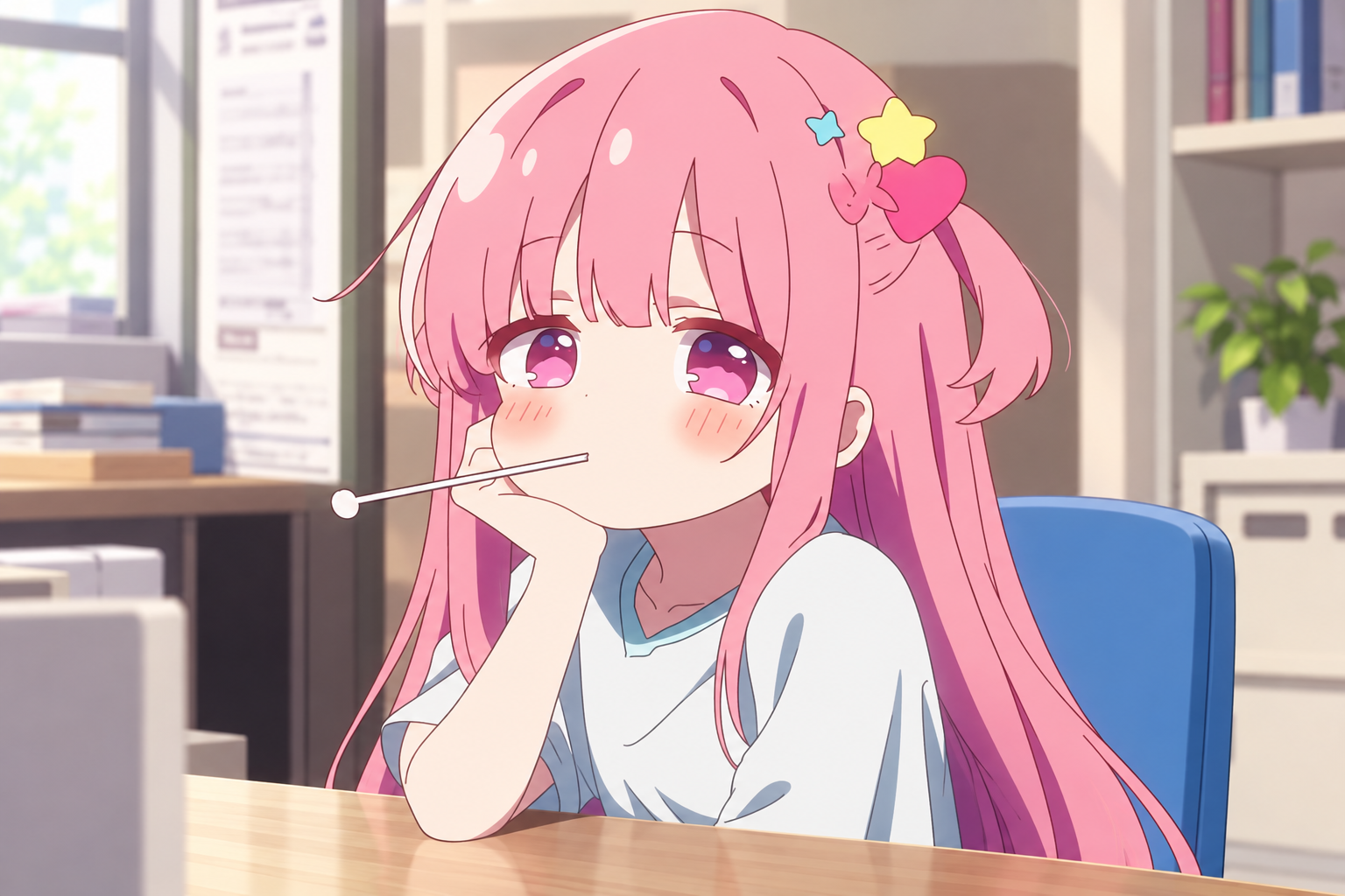 Pink-haired anime character sitting at a desk