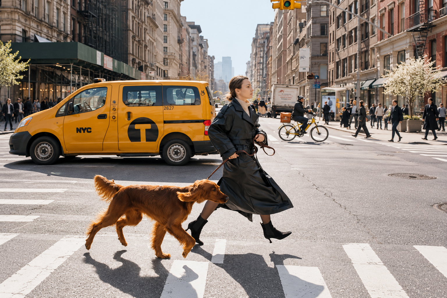 Woman walking a golden dog across a city street beside a yellow taxi