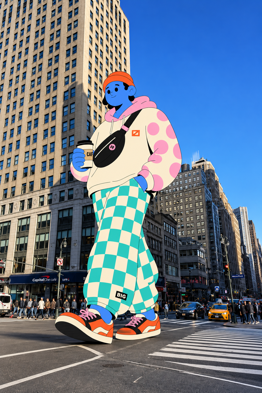 Giant colorful illustrated character holding coffee on a city street