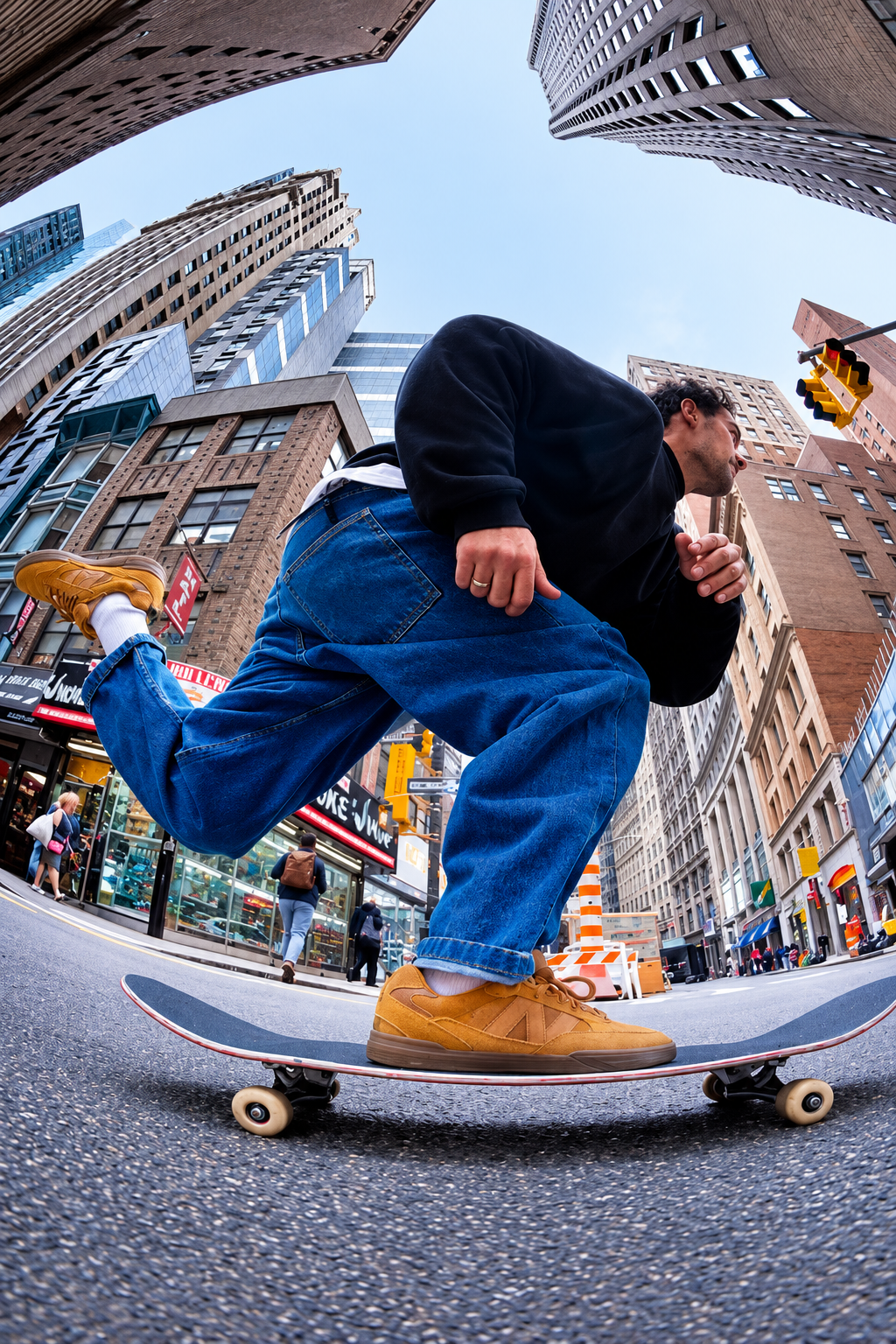 Low-angle view of a skateboarder between tall city buildings