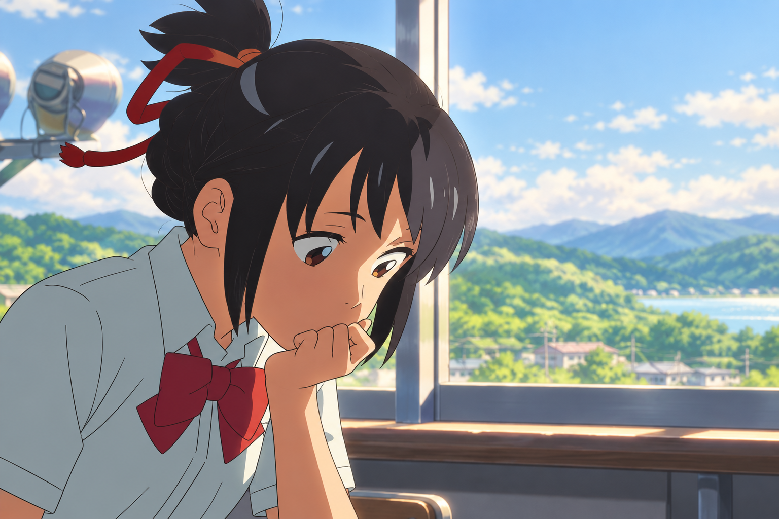 Anime character beside a classroom window