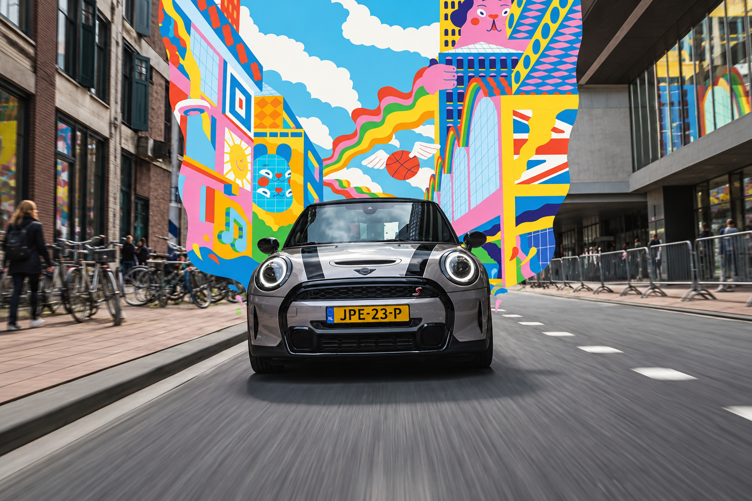 Silver car driving through a city with colorful illustrated buildings