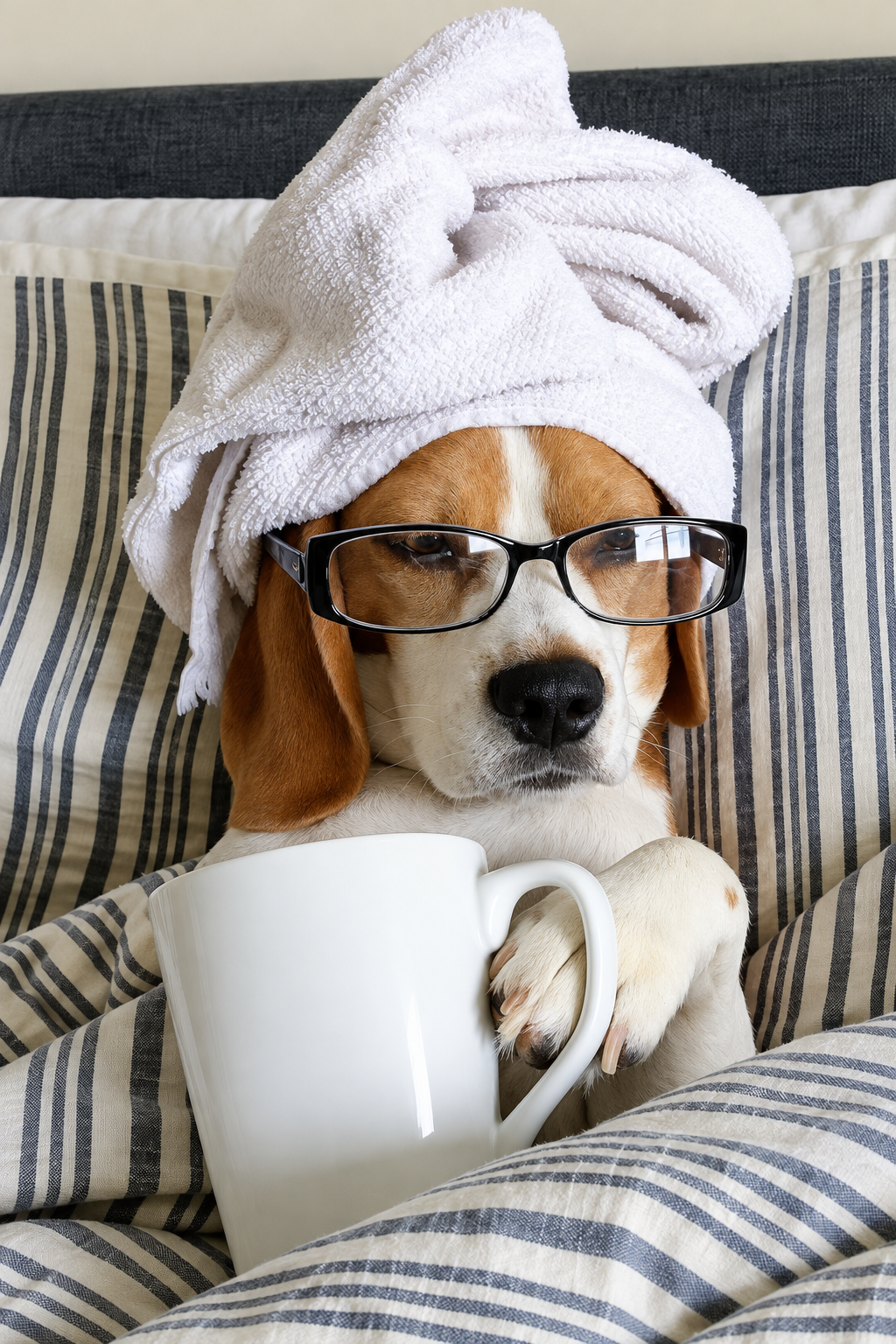 Dog wearing glasses and a towel with a coffee mug