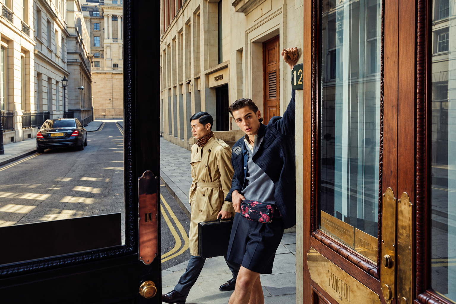 Two men in tailored outfits outside a doorway on a city street