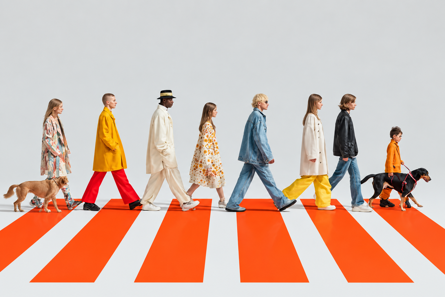 Fashion lineup walking with dogs across an orange and white crossing