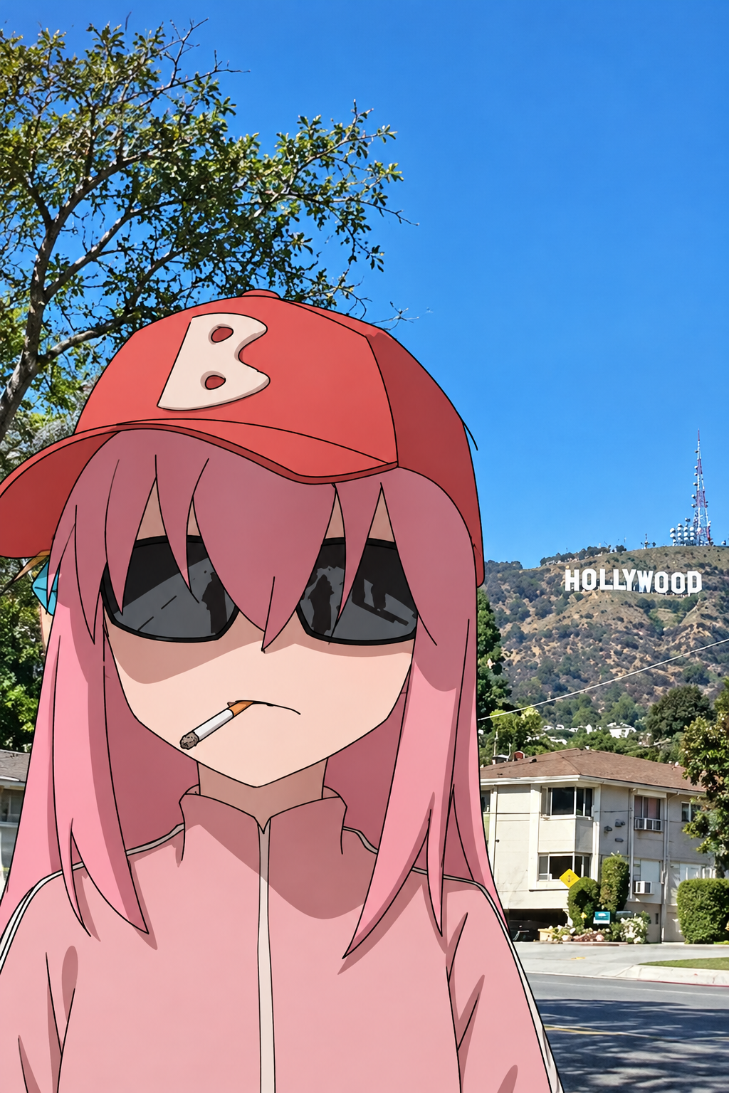Pink-haired anime character near the Hollywood sign
