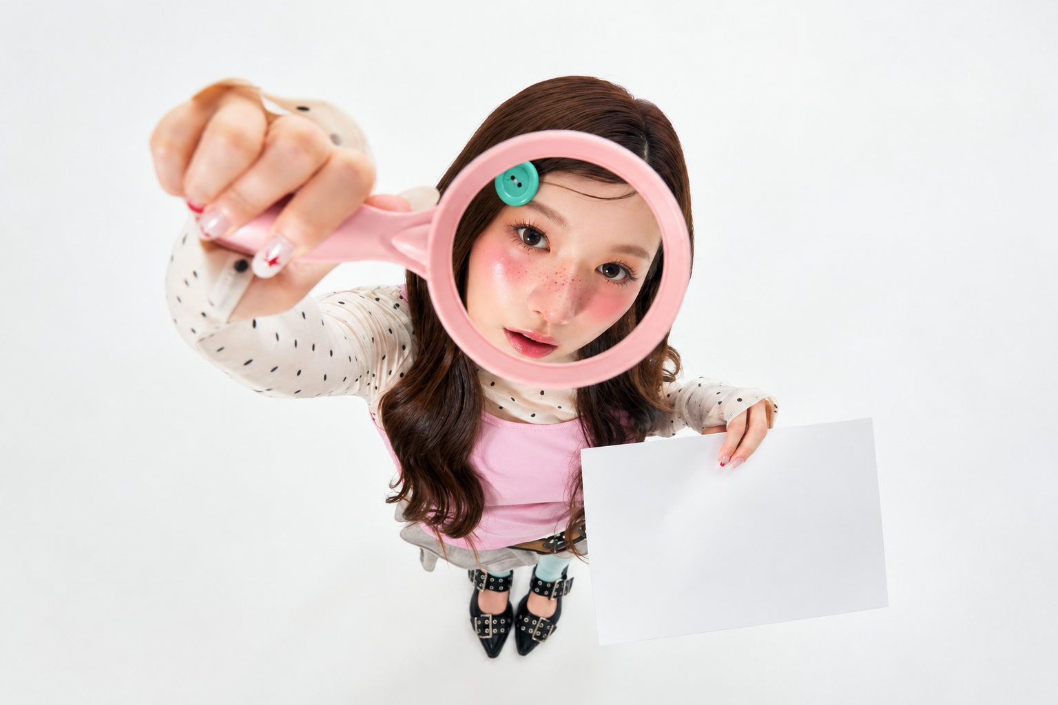 Overhead portrait of a woman holding a pink magnifying glass