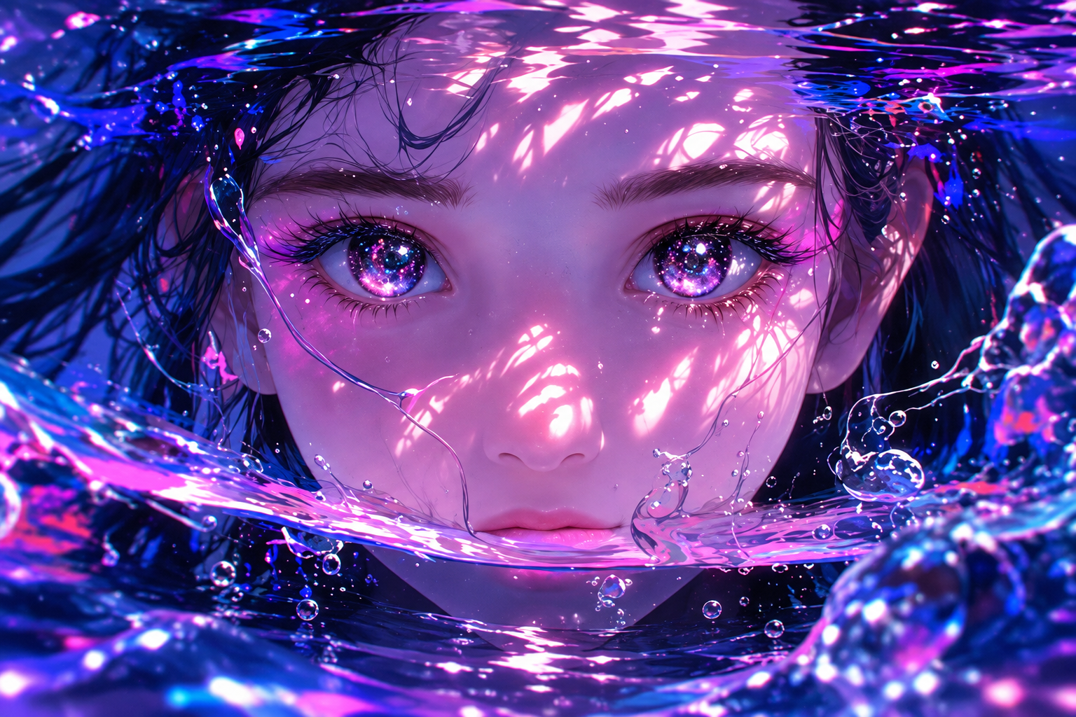 Fantasy portrait reflected in glowing purple and blue water