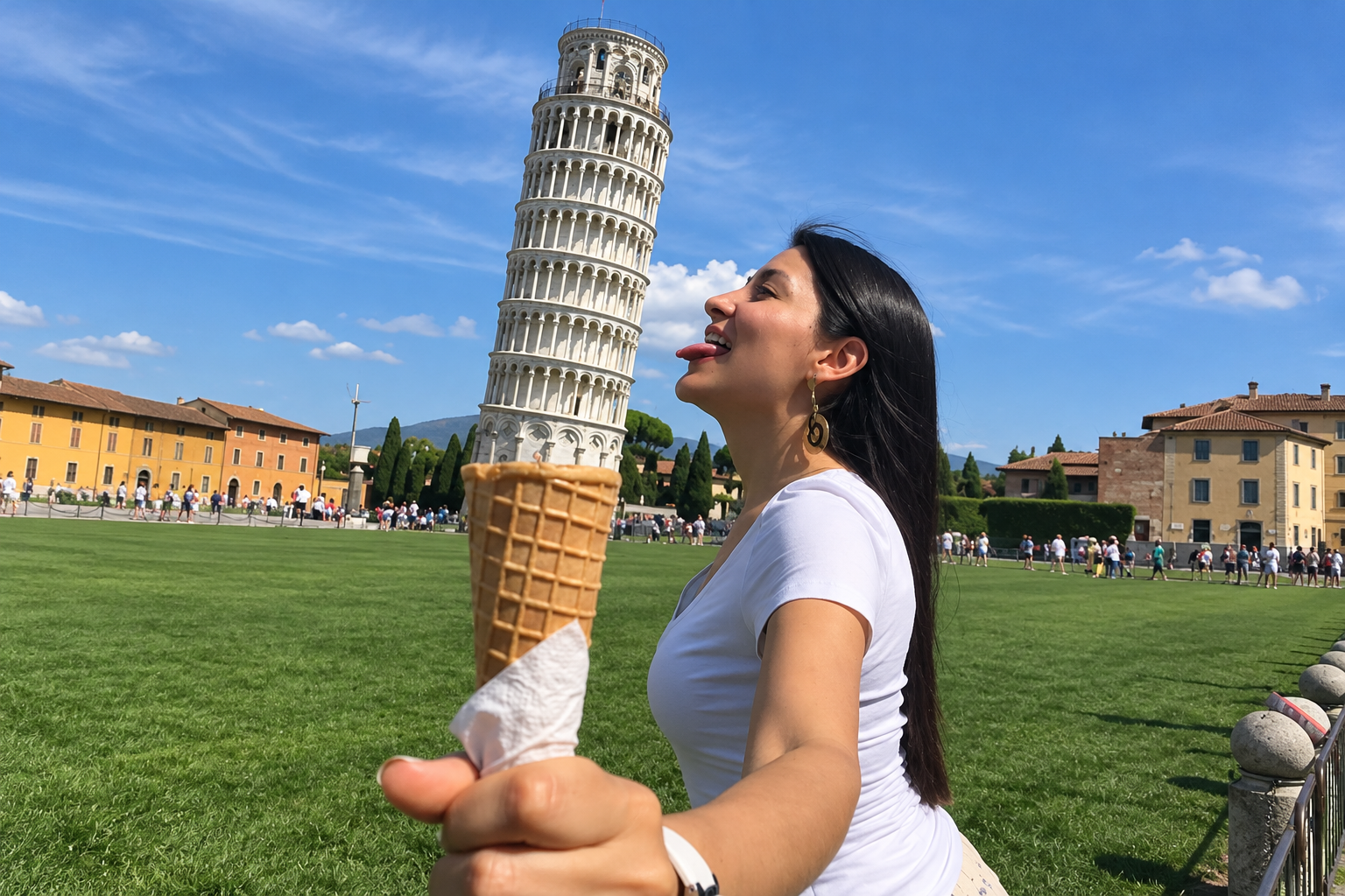 Woman posing with an ice cream cone at the Leaning Tower of Pisa