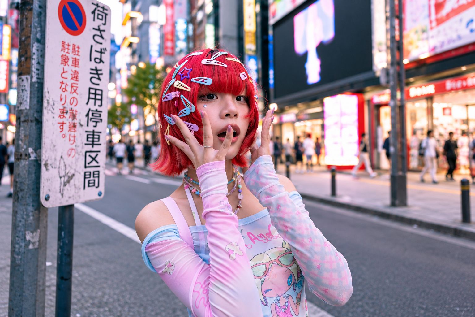 Red-haired fashion portrait on a neon-lit street