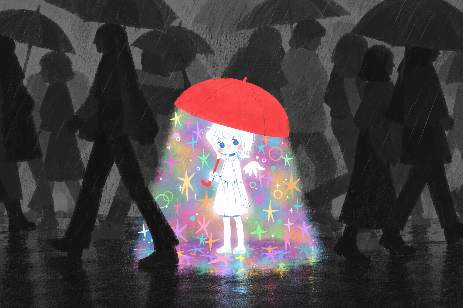 Illustrated character beneath a red umbrella surrounded by colorful stars in the rain