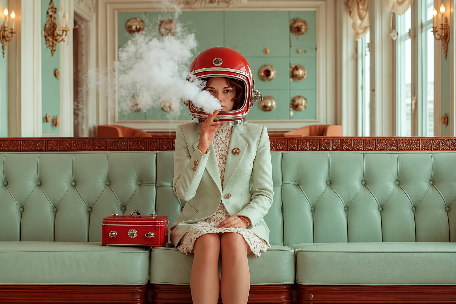 Woman wearing a red helmet on a mint green sofa