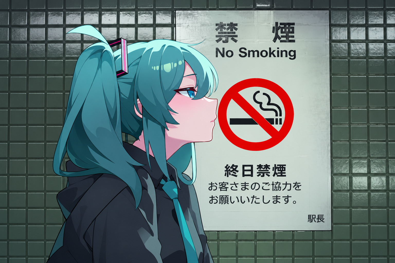 Teal-haired anime character at a station