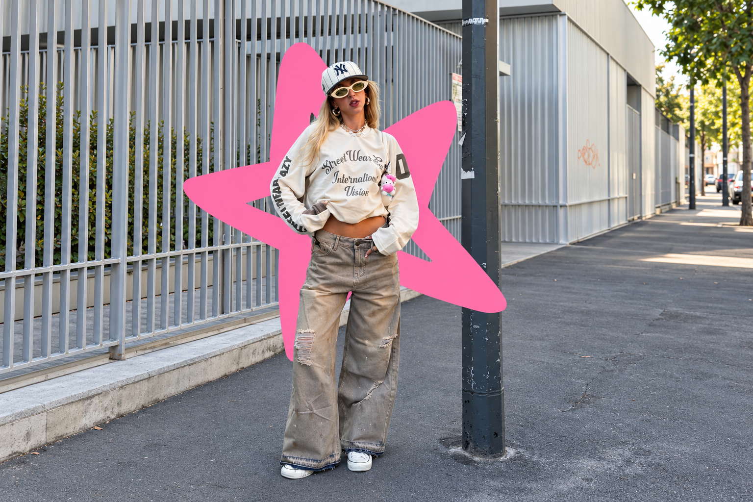 Streetwear portrait with a bright pink star graphic