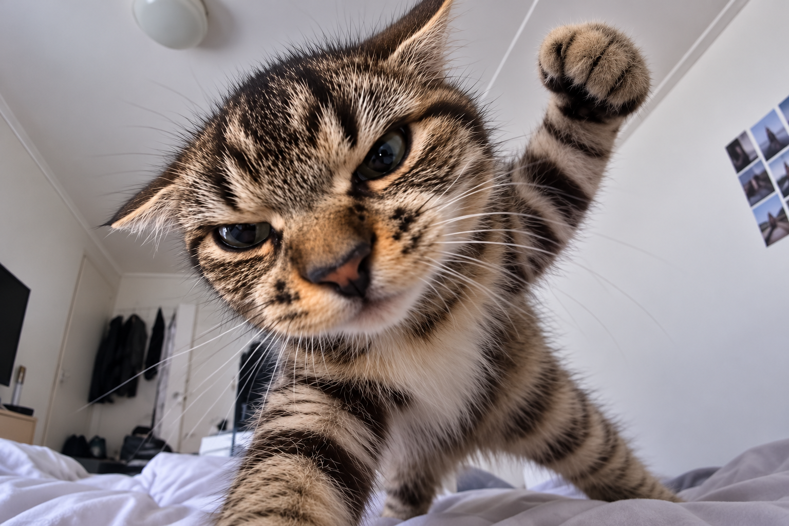 Tabby cat raising a paw toward the camera