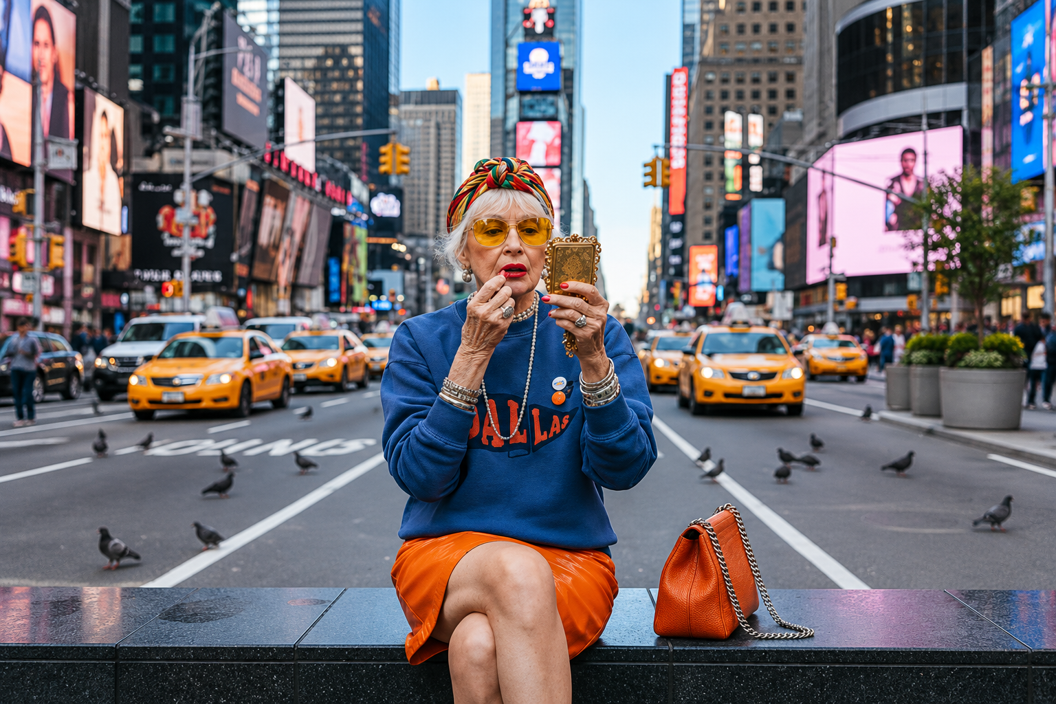 Woman applying lipstick in Times Square