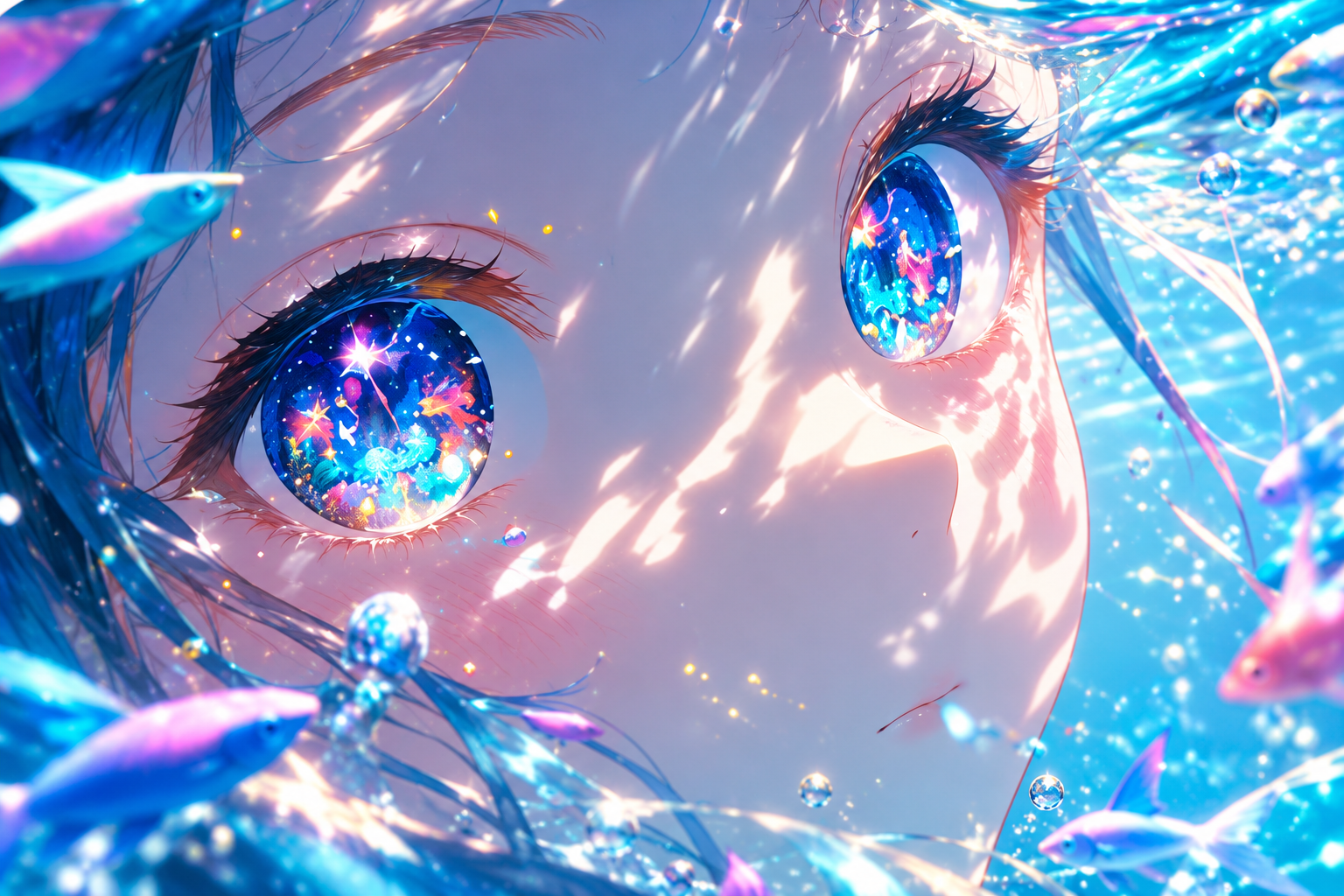Blue-eyed anime portrait surrounded by shimmering water and fish