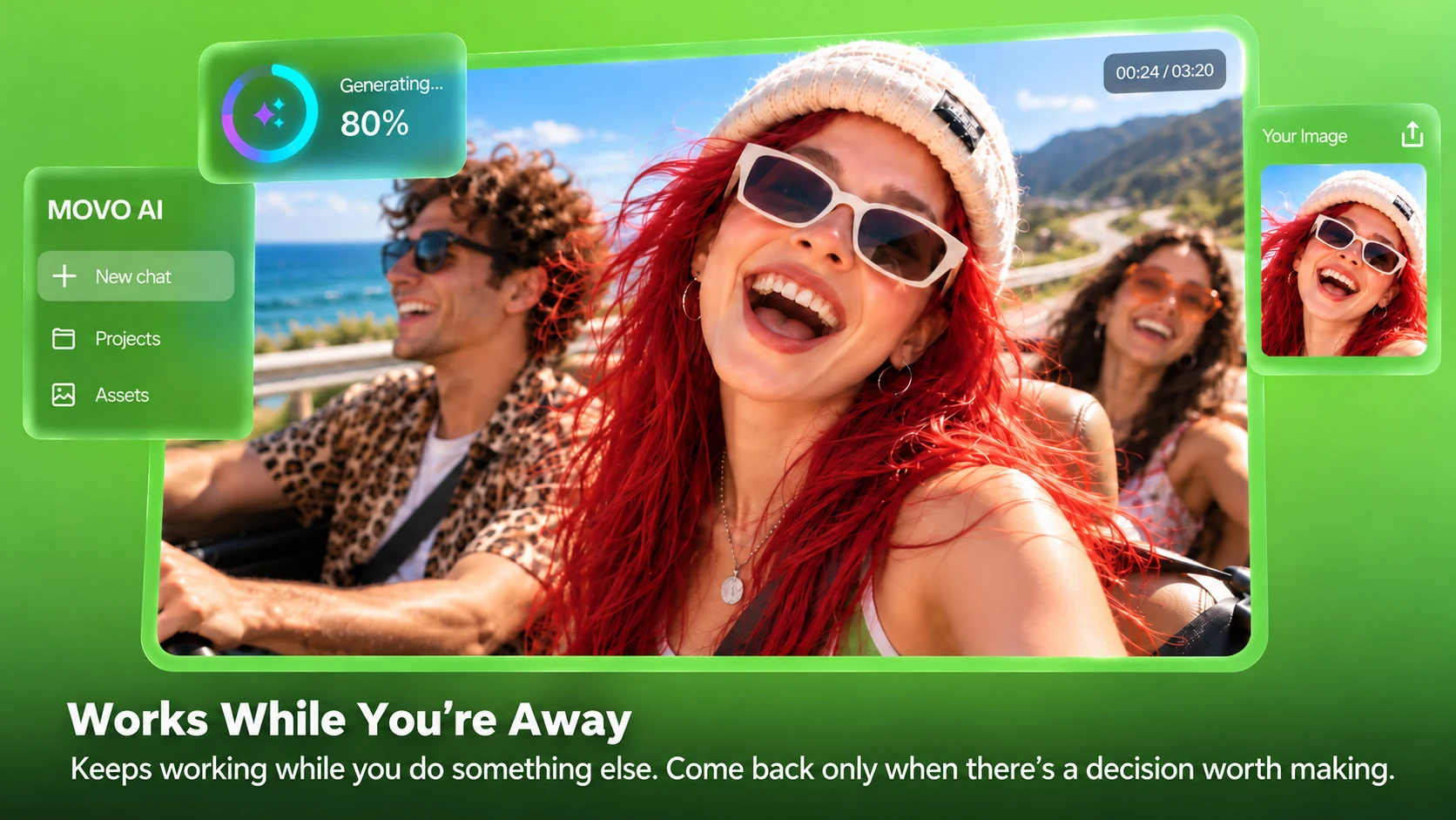 Works While You’re Away. MOVO AI creates a coastal road trip video while you do something else.