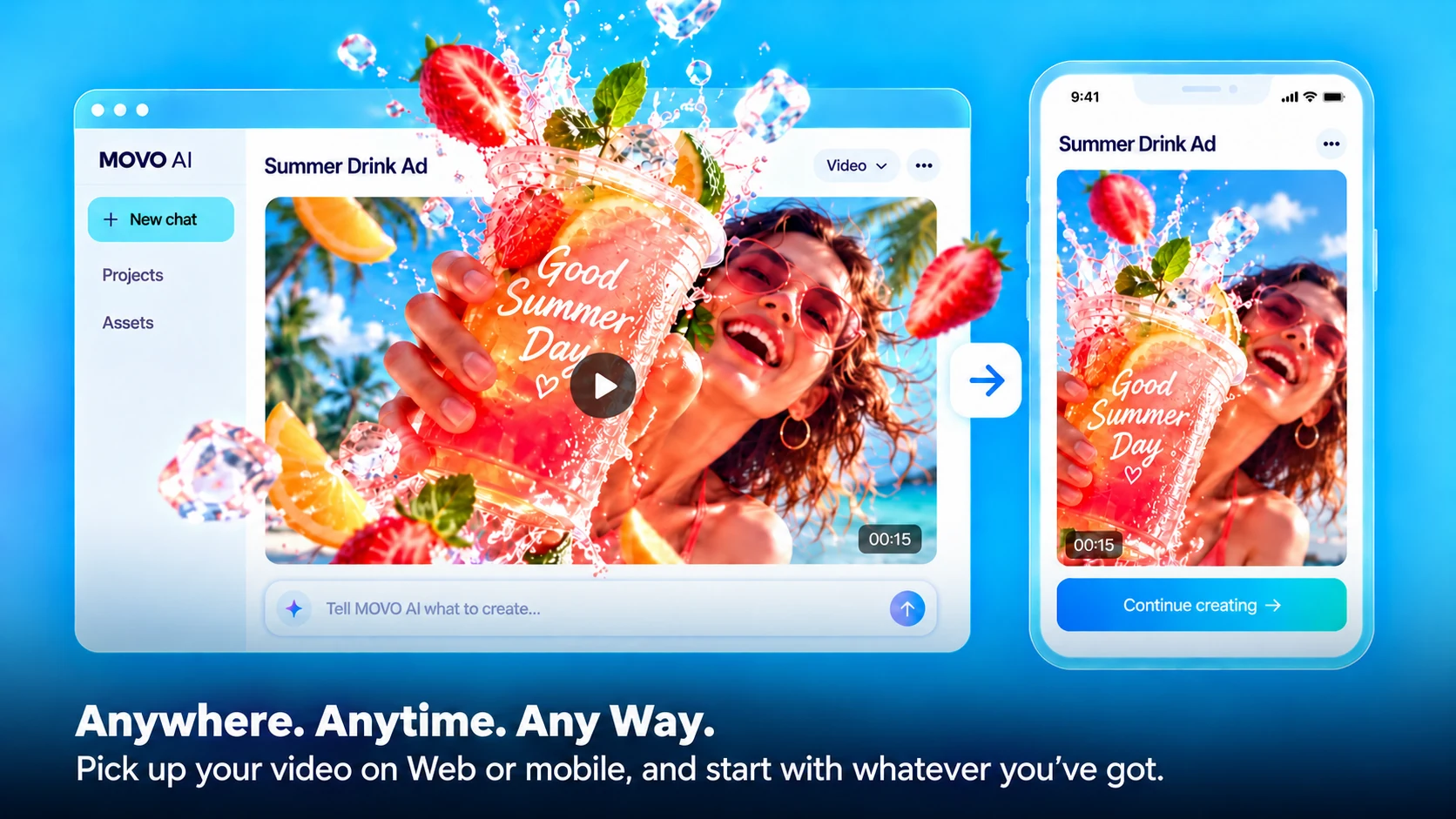 Anywhere. Anytime. Any Way. A summer drink video continues from MOVO AI on desktop to mobile.
