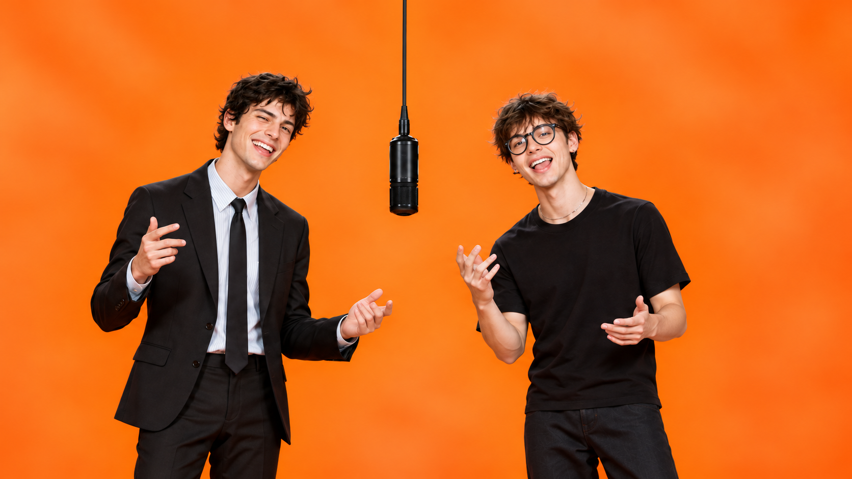 Two men in different outfits illustrating cast and mood choices for a hotel lobby video