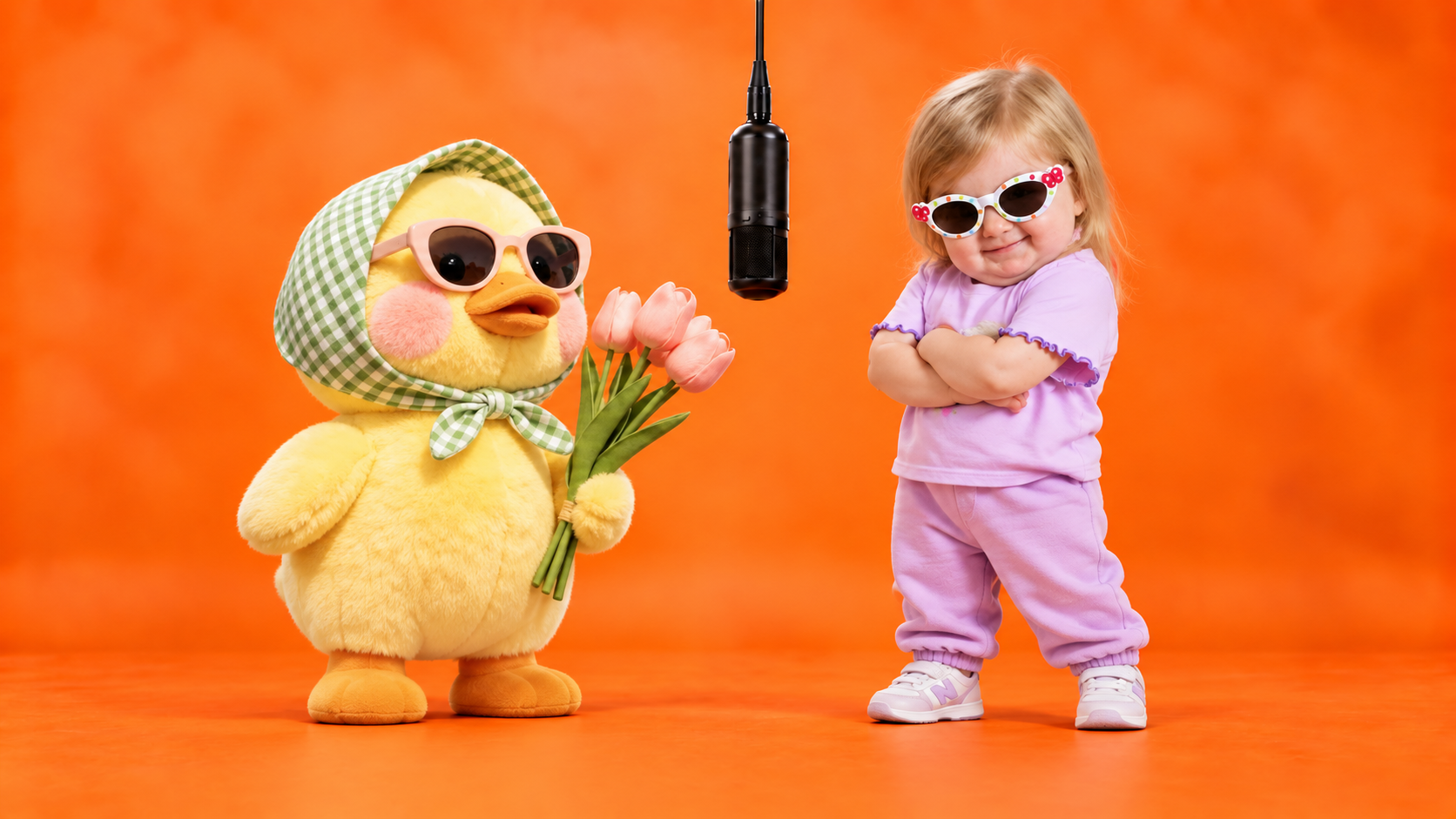A duck character and a child illustrating the orange studio duo setup of a hotel lobby AI video