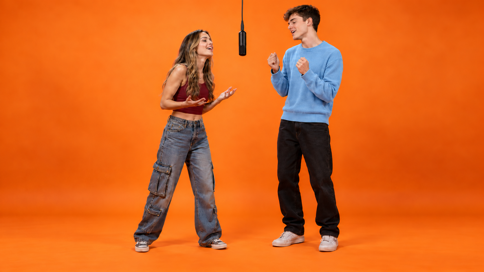Two friends sharing a playful hotel lobby duet beneath a hanging microphone