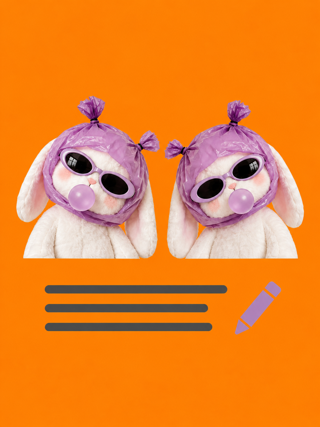 Two rabbit characters with a pencil and text lines illustrating a hotel lobby creative brief