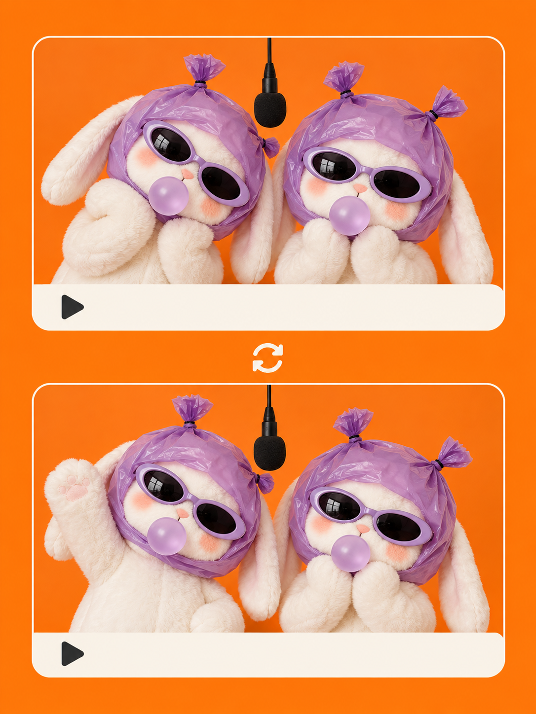 Two scenes of the same rabbit duo illustrating another hotel lobby performance in a consistent visual world
