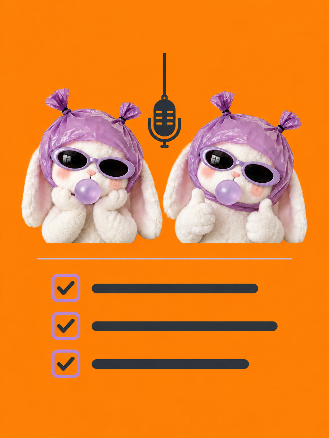 Two rabbit characters beneath a microphone with a checklist for reviewing a hotel lobby concept
