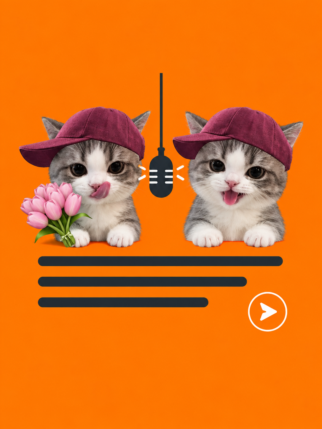 Two kittens with a microphone and prompt lines illustrating how to describe a hotel lobby duo