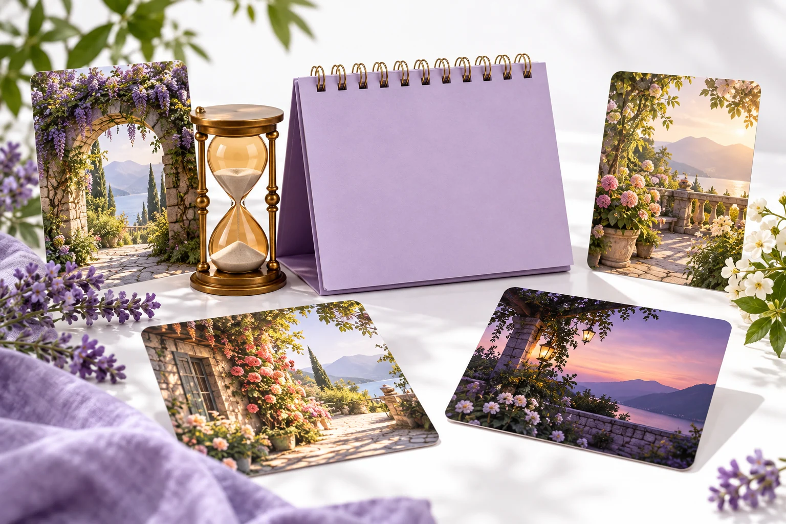 Original blank calendar, hourglass and cinematic scene-card still life representing a limited promotional period