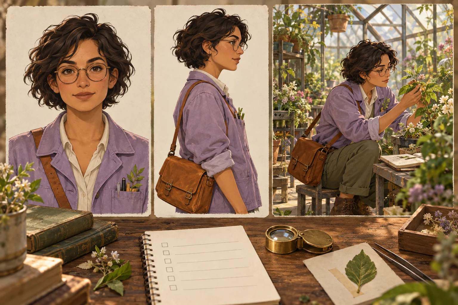 Original fictional adult botanist reference cards showing portrait, side view and greenhouse scene with a lavender jacket and amber satchel