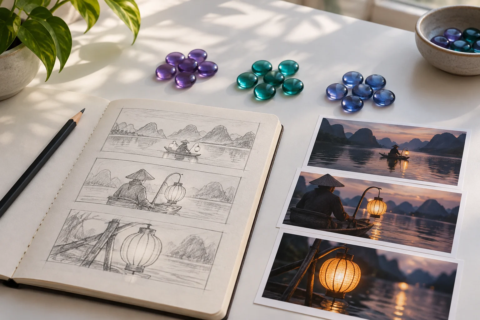 Original AI illustration of glass counters, a storyboard notebook and photo prints on a white studio desk