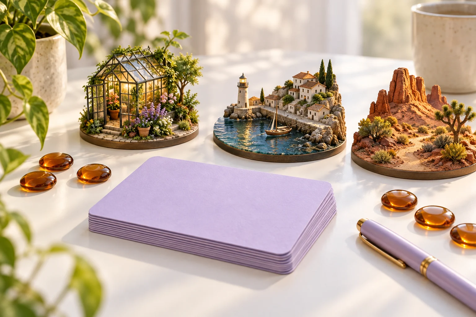Original production-budget still life with planning cards, glass counters and cinematic miniatures