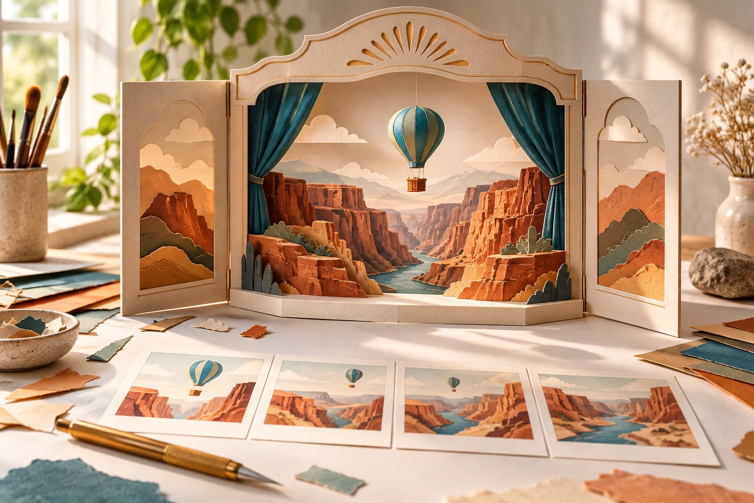Original AI illustration of a paper theatre with a teal balloon above a miniature copper canyon
