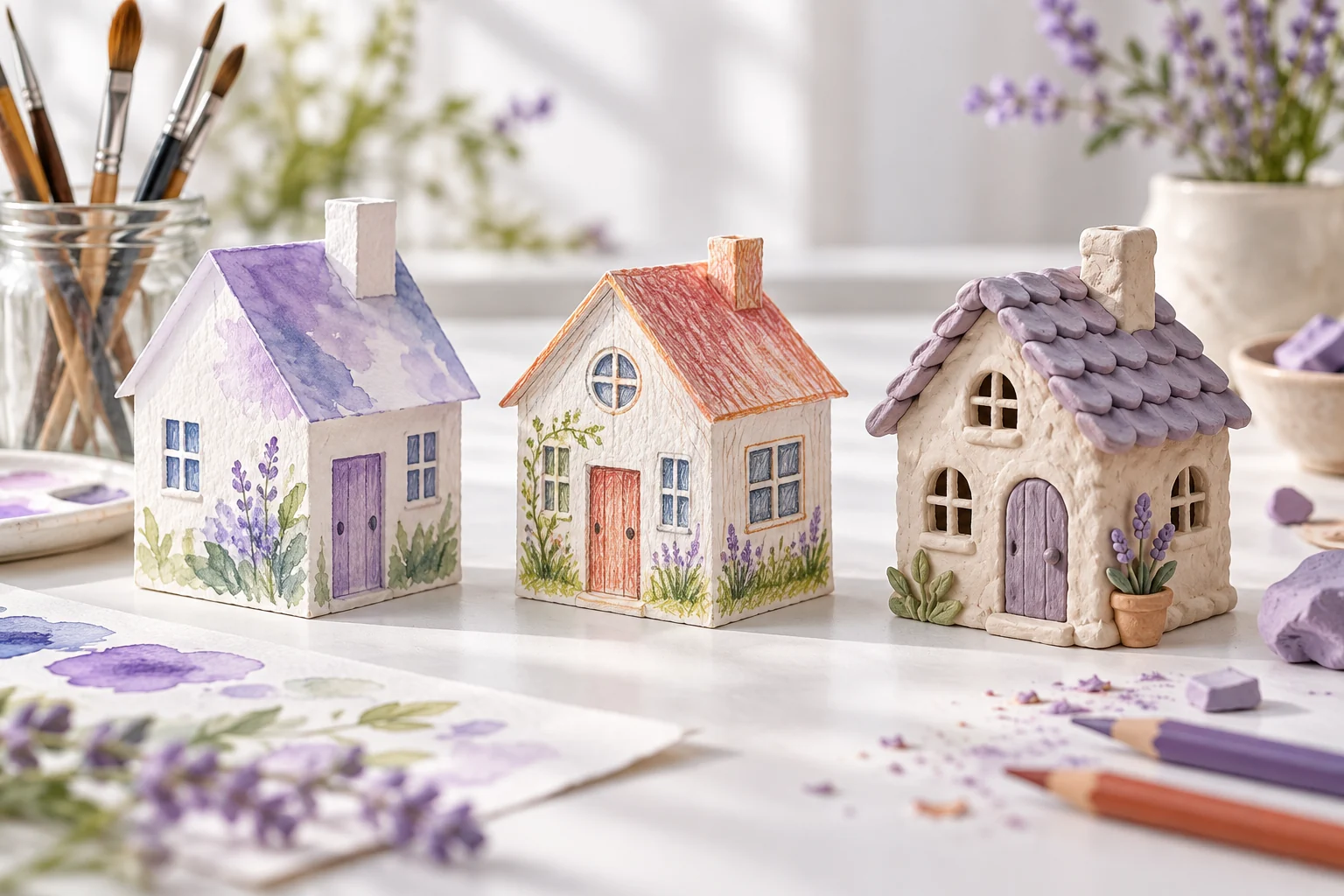 Original AI illustration comparing watercolor, pencil and clay house concepts on a white artist's table