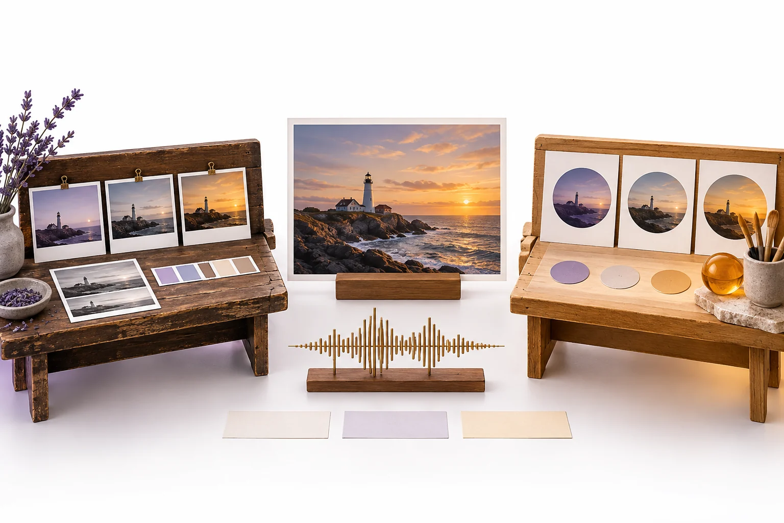 Original editing-workflow still life with lighthouse shot cards, a sound sculpture and blank caption strips
