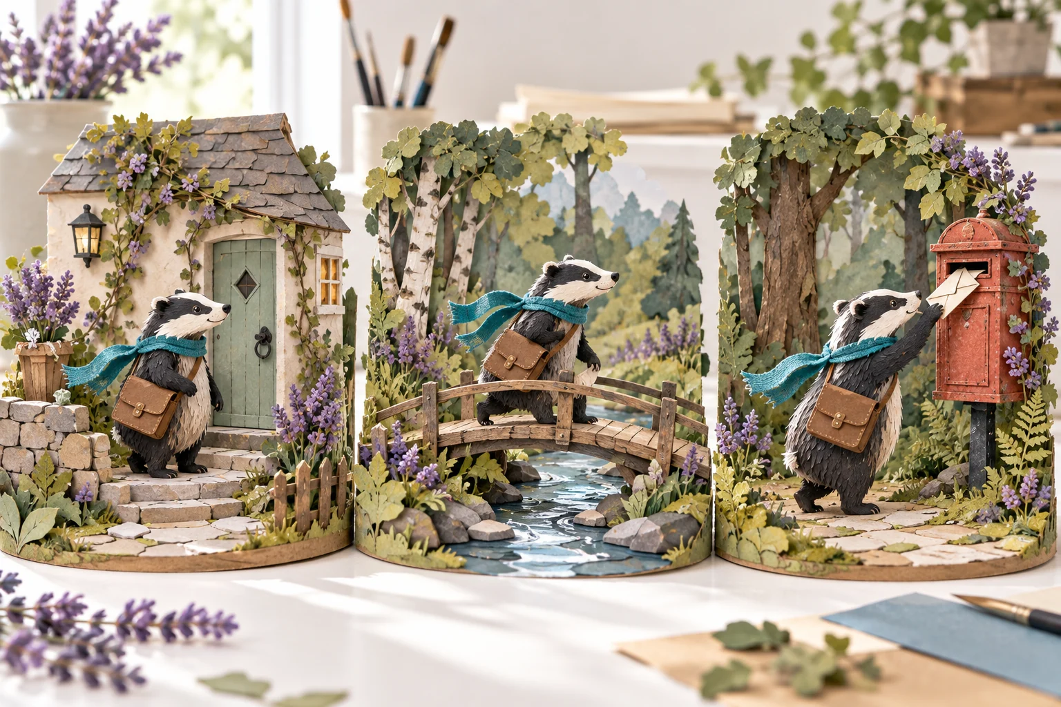 Original AI illustration of three storyboard dioramas featuring the same fictional badger courier in different locations